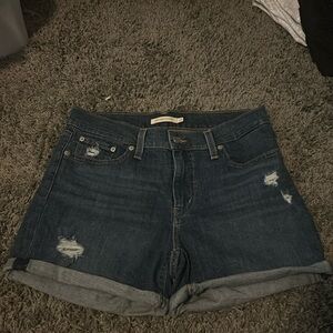 Dark blue Mid Length Jean Shorts, with a few rips